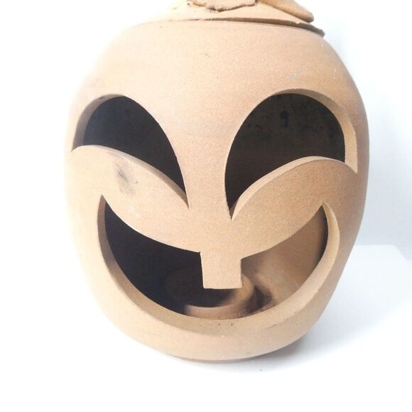 Terra Cotta Pumpkin Jack O Lantern Candle Holder Signed Clay Pottery Handmade - Picture 3 of 15